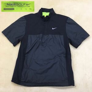 NIKE GOLF ナイキ ゴルフウェア ハーフジップ 半袖ウィンドブレーカー 裏地蛍光色 ベンチレーション スウォッシュロゴ メンズ XL 黒