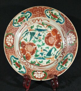 古い中国 明末 赤絵 花鳥図 25cm 大皿 中国美術 b-Na3514k