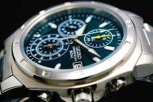 1 иен ~ 1 старт Seiko стандартный товар иностранная модель SEIKO реимпорт темно-зеленый новый товар 1/20 секунд высокая скорость хронограф наручные часы мужской очень редкий трудно найти 50m водонепроницаемый 