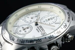 1 иен ~ 1 старт Seiko стандартный товар иностранная модель SEIKO реимпорт белый серебряный новый товар 1/20 секунд хронограф наручные часы 100m водонепроницаемый мужской очень редкий трудно найти 