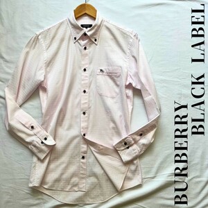 春夏向け 桜カラー【BURBERRY BLACK LABEL】長袖シャツ ボタンダウン ホースロゴ シャドウデザイン 千鳥模様 サイズ40(日本L相当)