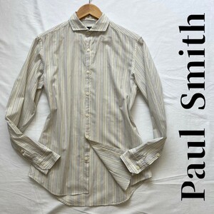 美品 春夏向け 爽快カラー【Paul Smith 】長袖シャツ 日本製 サイズM コットン100% ボタン刻印 ドレスシャツ ストライプ