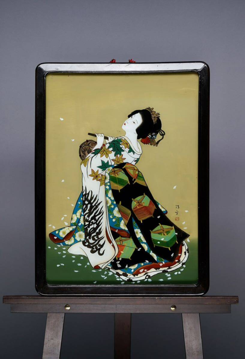 Reproduction de la peinture sur verre Spring Night's Grudge de Kaburagi Kiyokata. Taille (39x54cm). Impression ukiyo-e en verre soigneusement dessinée. En bonne condition! Peinture #Ukiyo-e d'une beauté orientale. Pièce ancienne., Peinture, Ukiyo-e, Impressions, Portrait d'une belle femme