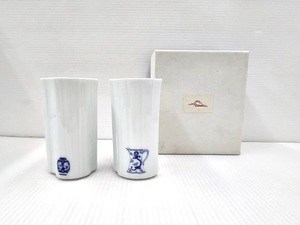 【未使用展示品】 有田焼 深川製磁 ブルーチャイナ ペア ゴブレット 箱あり ○YR-17238○