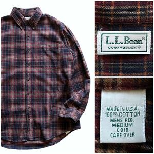 美品 USA製 80's 90's L.L.Bean エルエルビーン ヴィンテージ フランネル シャツ オンブレ シャドー チェック ライトネル Mサイズ トラッド