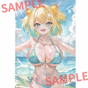 手描きイラスト ボンバーガール プリティ・ボンバーズ パイン パイにゃん 水着 海  A4 同人 アナログ 原画 2404221の画像2