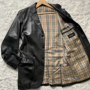 良品 BURBERRY BLACK LABEL ラムレザー テーラードジャケット バーバリーブラックレーベル ノバチェック ブラック 黒 メンズ 羊革 本革 M