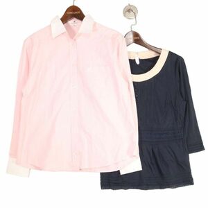 Courreges Courreges through year long sleeve shirt blouse [2 pieces set ] 7 minute sleeve cut and sewn Sz. shirt 9R navy blue 38 lady's E4T00664_3#C