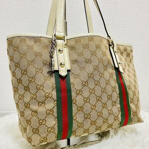 1円【GUCCI グッチ 】トートバッグ ハンドバッグGGキャンバス シェリーライン チャーム GG柄 レザー 1スタ