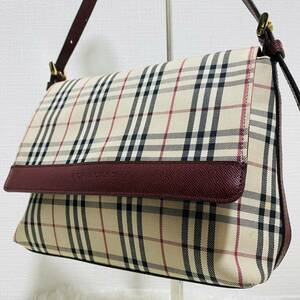 1円【BURBERRY バーバリー 】ショルダーバッグ 斜め掛け ノバチェック エンボス キャンバス レザー ベージュ系 1スタ