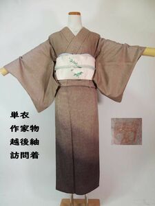 単衣　作家物　紬着物　越後紬　附け下げ　訪問着　暈し　落款入　正絹 SS寸