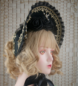  Lolita bonnet hat Gothic and Lolita gothic head dress hair accessory flower rose artificial flower black roli cosplay Halloween klaroli.roli
