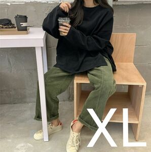 ロンT 長袖 Tシャツ カットソー スリット 大きいサイズ ゆったり 大人可愛い　ブラック　黒　XL　オーバーサイズ　体型カバー