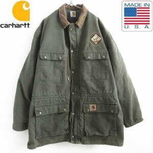 90s USA製 carhartt カーハート コットン ダック コート 緑系 XXL/2XL程度 裏ブランケット ワーク ジャケット ビンテージ D149-18-0095ZVW