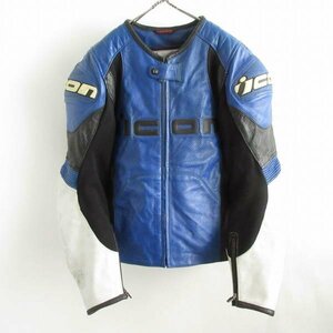 ICON レザー レーシング ジャケット M 青黒白系 ライダース ベスト型キルティングライナー アイコン パンチングレザー D149-18-0080ZV