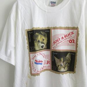 新品 GILDAN 犬 猫 ペット プリント 半袖Tシャツ 白系 L イヌ ネコ 丸胴 ギルダン コットン 未使用品 デッドストック d143-01-0080ZVW