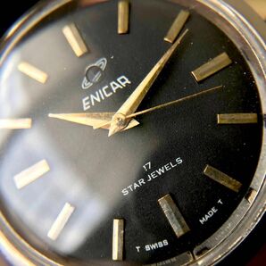 スイス製 ENICAR エニカ 自動巻き 17石 アンティーク メンズ 腕時計 アンティークウォッチ 黒文字盤 稼働良好 オートマ