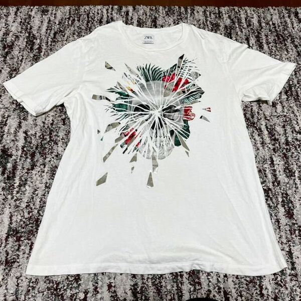 ZARA/ザラ/トップス/半袖/Tシャツ/ドクロ/髑髏/どくろ/スカル/ハイビスカス 南国柄/シルバー/ホワイト 白/半袖Tシャツ/XL LLサイズ
