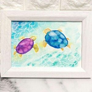 水彩画『仲良しウミガメたち』インテリア 額装　フレーム入り　ハンドメイド絵画　自作画 watercolorpainting