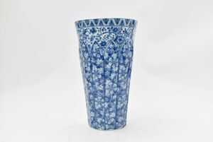 (768M 0402S10) １円～ 龍峰窯 花瓶 染付更紗 花器 華道具 骨董品 在銘 日本陶芸 日本工芸 アンティーク レトロ