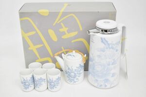 (769L 0404M25) 未使用 ぼたん茶器セット 象印 有田焼 ハルミポット 急須 湯呑 5客 鍋島伝統文様 和食器