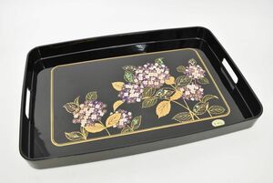 (769P 0405M29) 1円～ 未使用 漆器 長手盆 持ち手 あじさい 金蒔絵 金彩 トレー お盆 伝統工芸品