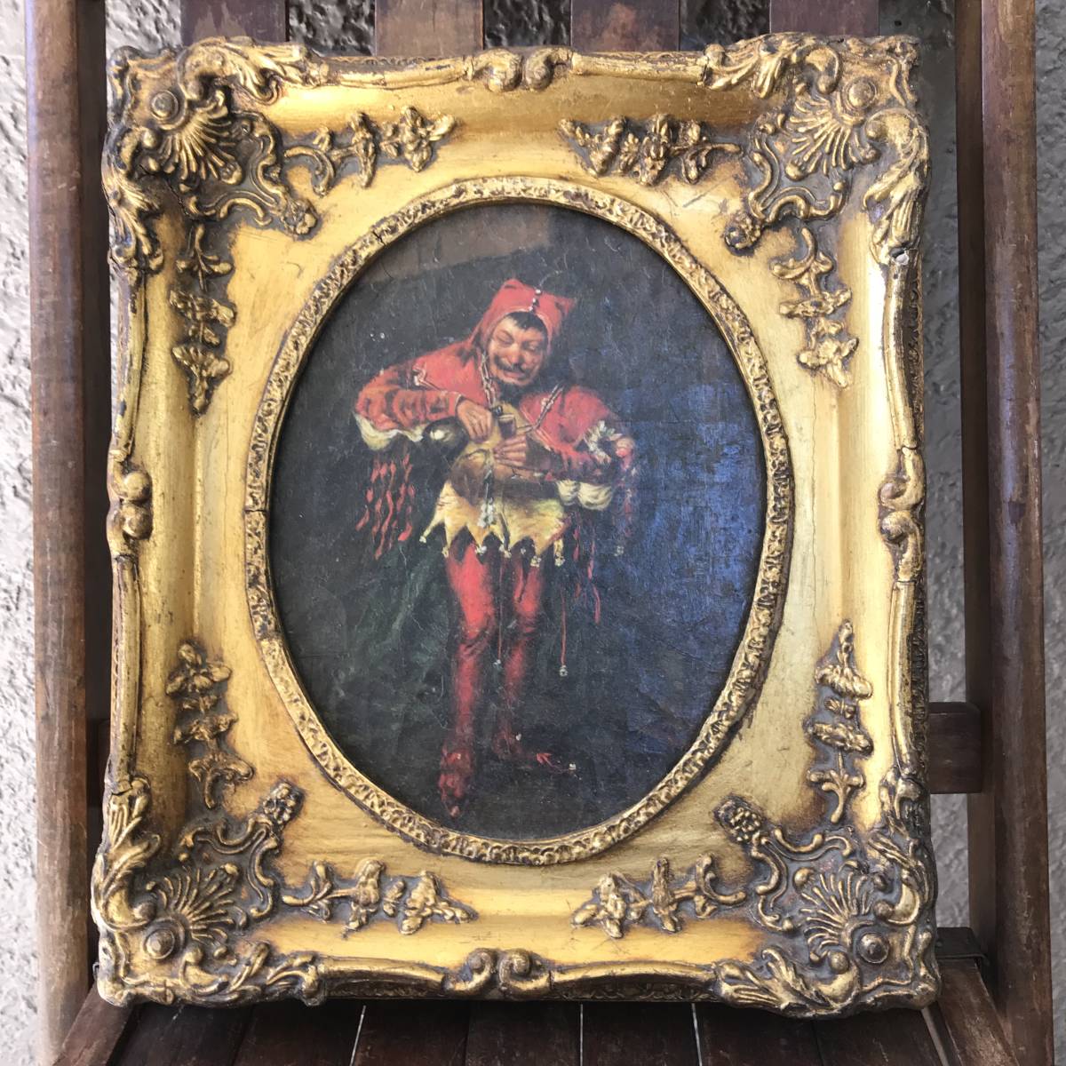 Rare item!Very Old 19th Century Antique Painting Oil Painting Jester Clown / England Medieval Europe Europe France Flea Market Eastern Europe Germany Vintage Miscellaneous Goods, painting, oil painting, religious painting