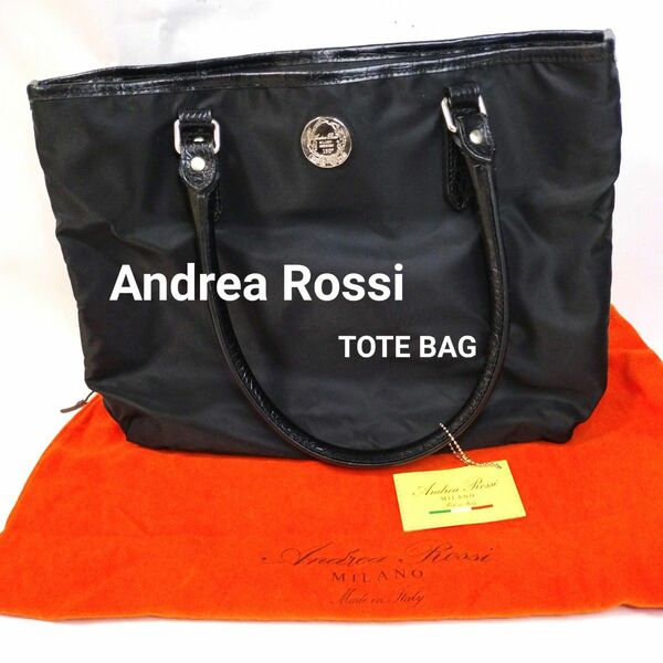 未使用品【Andrea Rossi】ナイロン レザーバック 袋付 ブラック レザー ハンドバッグ トートバッグ