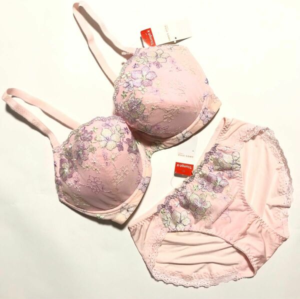 【AMO’S STYLE】《入浴剤1袋付き》優しいお花の刺繍×ピンク　ブラ・ショーツ　 G75・Mサイズ♪