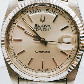 【動作品】BULOVA ブローバ SUPER SEVILLE スーパーセビル AT オートマ シルバー文字盤 自動巻き 腕時計 DAY DATE ヴィンテージ とけい の画像2