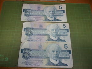 カナダ旧5ドル紙幣×3枚（1986年）
