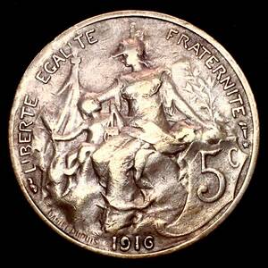 フランス　5サンチーム 銅貨 マリアンヌ 1916年 【ミントマーク★はレア！ 単年のみマドリード鋳造 Royal Mint of Spain】