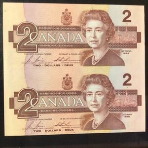 World Paper Money CANADA《Signature：Bonin-Thiessen》2 Dollars【1986】〔Uncut Sheet of 2〕