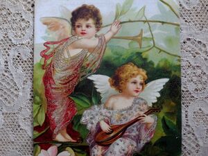 アンティークポストカード*マンドリン、可愛い天使少女たち