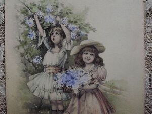 アンティークポストカード*リラの花と可愛い少女たち