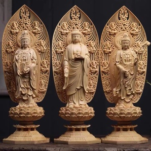 限定☆在庫わずか 仏教美術 精密彫刻 仏像 手彫り 阿弥陀如来三尊立像 高さ約43cmの画像1
