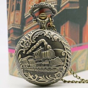 [ postage our company charge ] pocket watch steam locomotiv . car bronze pocket watch antique style chain necklace quartz retro P2021-B