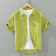 半袖シャツ　夏用の薄手の涼しいシャツ　カジュアルシャツ　サマーシャツ　シワ生地　アロハシャツ　トップス【YH1260】緑系　L_画像1