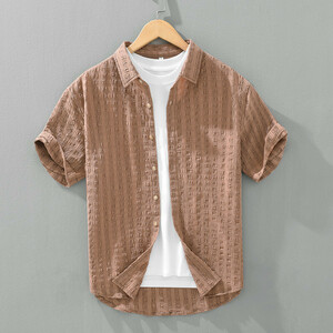半袖シャツ　夏用の薄手の涼しいシャツ　カジュアルシャツ　サマーシャツ　シワ生地　アロハシャツ　トップス【YH1260】ピンク系　XL