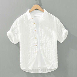 半袖シャツ　夏用の薄手の涼しいシャツ　カジュアルシャツ　サマーシャツ　シワ生地　アロハシャツ　トップス【YH1260】白　XL