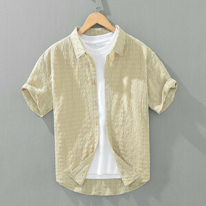 半袖シャツ　夏用の薄手の涼しいシャツ　カジュアルシャツ　サマーシャツ　シワ生地　アロハシャツ　トップス【YH1260】杏色　XL