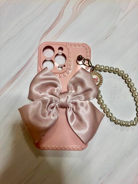 iPhone13Proケース ピンク かわいいリボン付