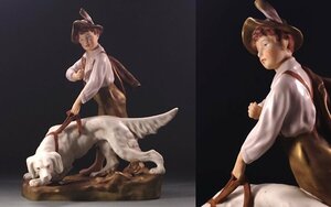 ∇花∇西洋磁器芸術 少年と犬の磁器人形フィギュリン 大作H34.5cm 刻印あり