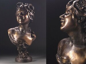 ∇花∇秀逸西洋彫刻 アールヌーヴォー様式 ブロンズ彫刻美人胸像 H35.5cm 作者サインあり