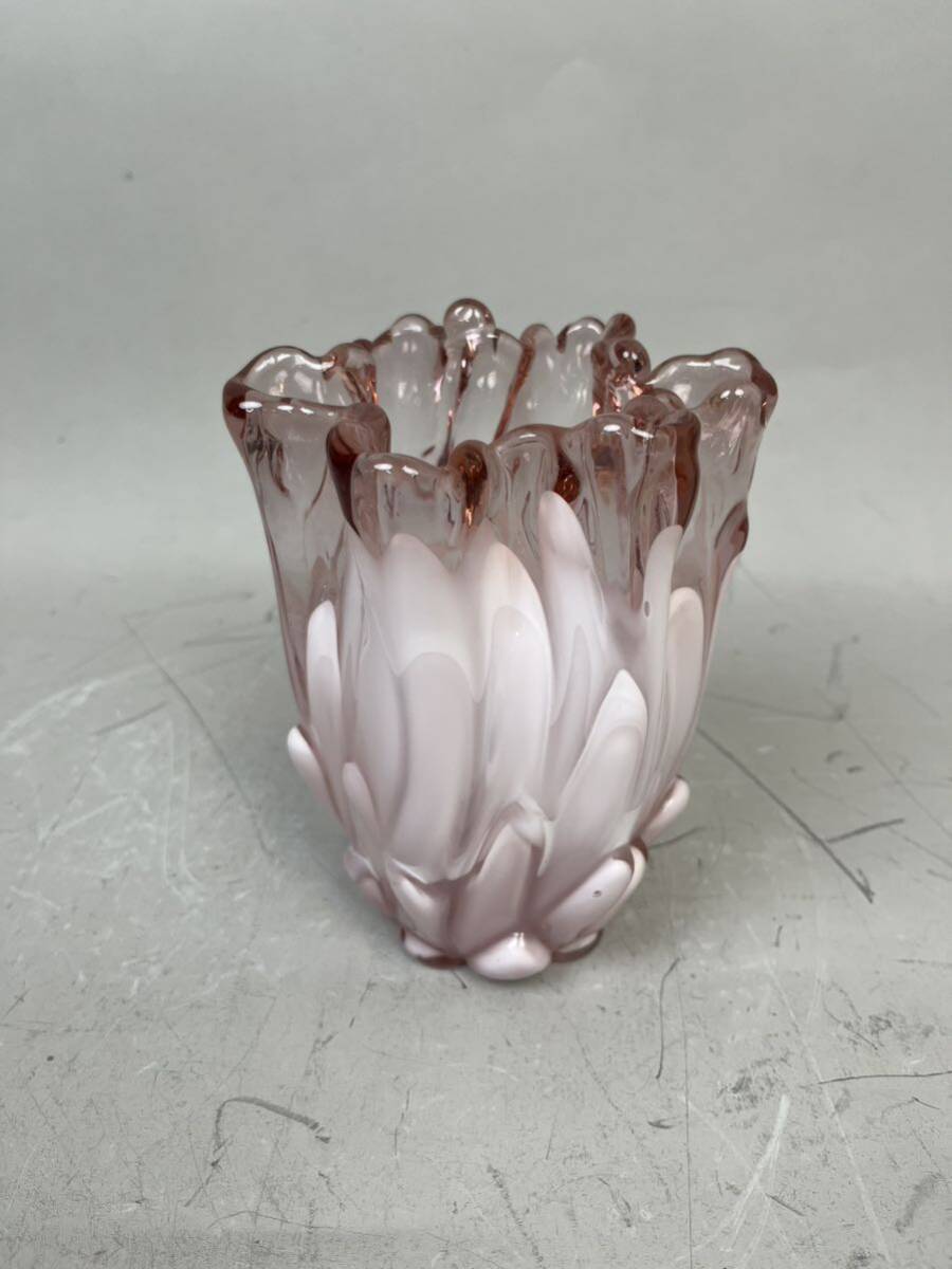 420] KURATA CRAFT GLASS Kurata Craft Glass Frill Vase Flower Base Milky Pink Handmade Joetsu Crystal Glass, furniture, interior, Interior accessories, vase