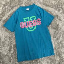 90's GUESS ゲス USA製 半袖Tシャツ 半袖カットソー サイズL相当 シングルステッチ ブルー 青 プリント メンズ トップス 最落なし （V18）_画像1