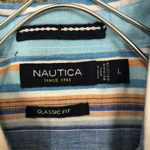 NAUTICA ノーティカ ボタンダウンシャツ 長袖シャツ サイズL ストライプ リネン×コットン マルチカラー メンズ トップス 最落なし （E19）の画像6
