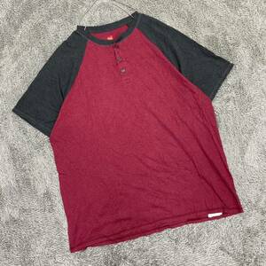 Hanes ヘインズ Tシャツ 半袖カットソー ヘンリーネック ラグラン サイズXL レッド 赤 メンズ トップス 最落なし （F19）