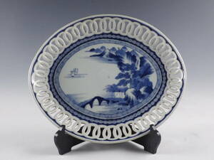 0.0 old Imari blue and white ceramics .. landscape map the 7 treasures .. round shape large ornament plate 34. flawless completion goods Edo period 46kw153