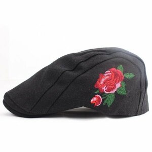  hunting cap hat rose embroidery wool . cap hat 56cm~59cm men's lady's BK autumn winter new work HC185-1